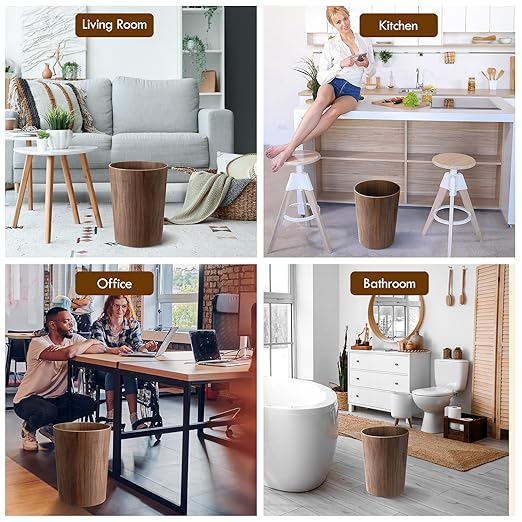 Threehoney 2 Pack 2.3 Gallons Wood Trash Can Wastebasket Natural Wood Round Wastebasket Small Trash Bin for Home, Office Under Desk, Kitchen, Bedroom, Den, Hotel,Room