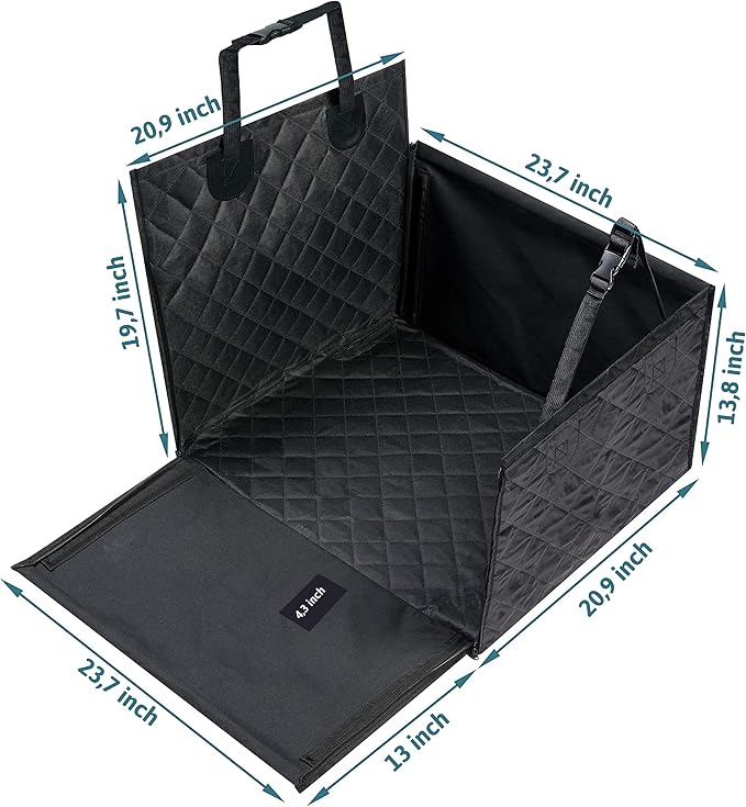 Dog & Pet Car Seat for Front Seat - 23.7'' x 20.9'' x 13.8'' - Robust Fiberglass Rods - Quilted Seat Surface and Anti-Slip Coating - Dog Car Accessories - Plus: Foldable Bowl
