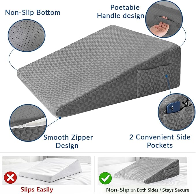 Wedge Pillow 7.5" Bed Wedge After Surgery, Back Pain Relief, Memory Foam Pillow Triangle Incline Wedge for Back Support, Leg Elevation（Grey）
