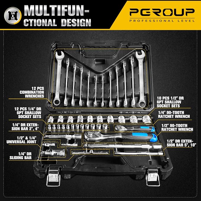 43 PCS Mechanic Tool Socket Set, 1/2” & 1/4” Drive Metric Shallow Socket Set (10-24 & 4-13mm), 12 PCS Combination Wrenches (8-19mm), Ratchet Handle, Extension Bar, Universal Joint, Sliding bar
