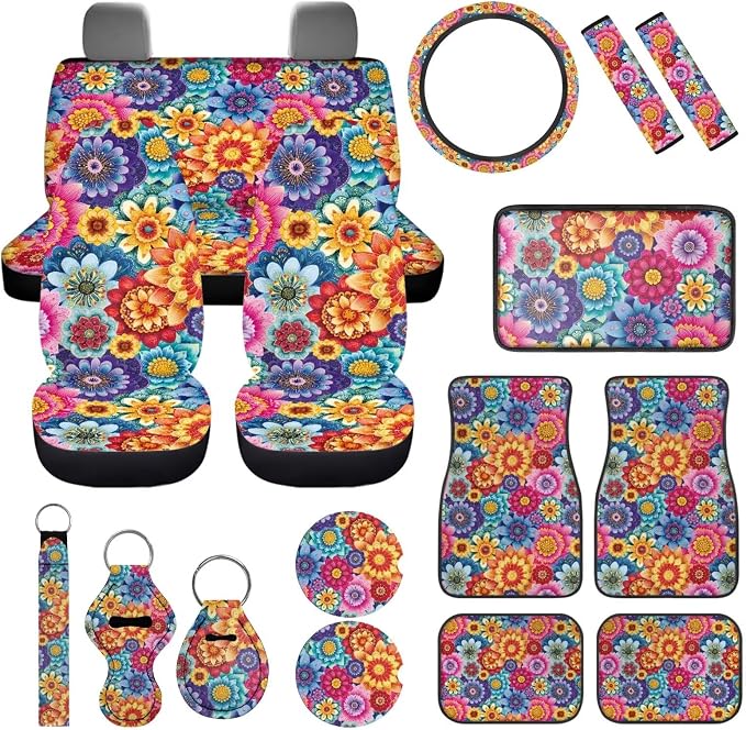 17 Pcs Hippie Lotus Car Cover Seats Full Set Mandala Lotus Car Accessories with Car Front Rear Carpets Mats Steering Wherl Cover Seat Belt Cover Pad Set Car Coasters Armrest Pad,Universal Fit