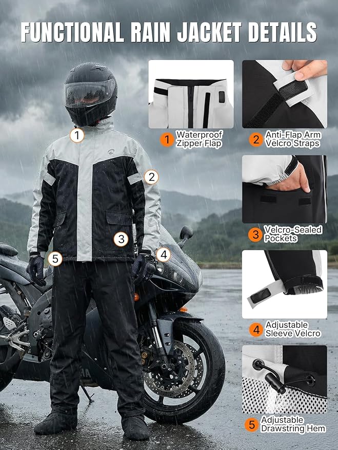 Oumurs Men's Motorcycle Rain Suit Waterproof Jacket & Pants with Reflective Strips, Breathable Mesh Lining Riding Raincoat