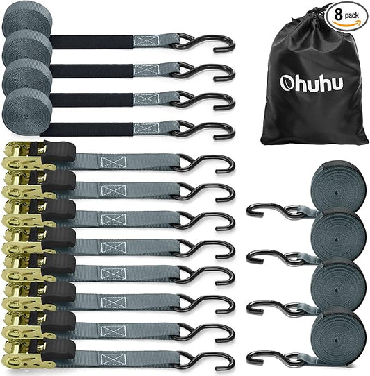 Ohuhu Ratchet Tie Down Strap 15 Ft - 500 lbs Load Cap with 1500 lbs Breaking Limit, Ratchet Tie Downs Logistic Cargo Straps for Moving Appliances, Motorcycle (Grey, 8-Pack)