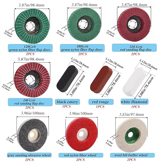 18Pcs 4 Inch Buffering Wheels Polishing Kit with Compound for Angle Grinder,Includes 14Pcs Nylon Fiber Flap Disc & Wool Felt Polishing Wheel,3Pcs Buffing Compounds and Sanding Sponge