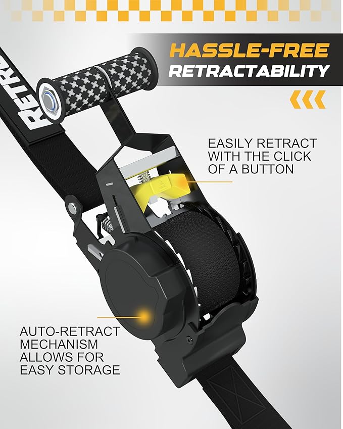 RETRUE Heavy Duty Self-Retracting Ratchet Straps, 10 Feet Retractable Ratchet Tie Down Straps with 1,500lb Break Strength for Trailers, Motorcycles, ATVs, Moving, Cargo Handling & More, Black (2 Pack)