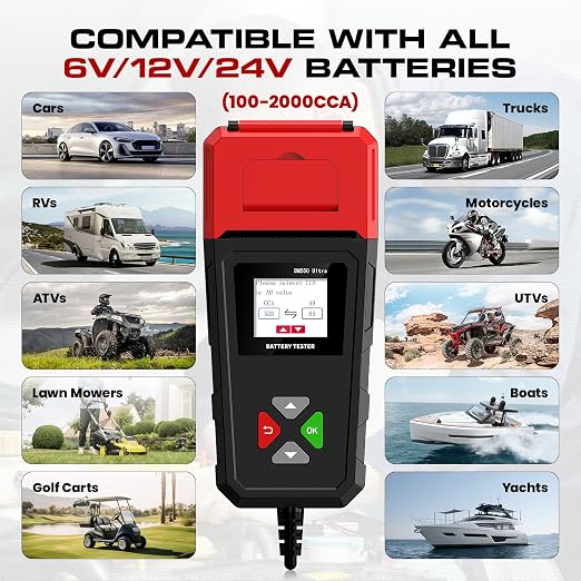 ELMCONFIG Car Battery Tester with Printer, 6V 12V 24V 100-2000CCA Battery Load Tester for Lead-Acid & Lithium ion Batteries, Automotive Digital Battery Analyzer for Car, Truck, Motorcycle, ATV, Boat