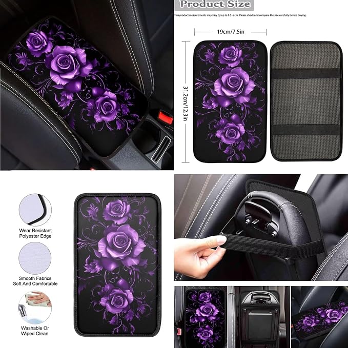 8 Pcs Moon Purple Rose Car Seat Covers Full Set Car Accessories for Women Front Seat Cover Steering Wheel Armrest Cover Seat Belt Cover for Auto SUV Interior Decoration