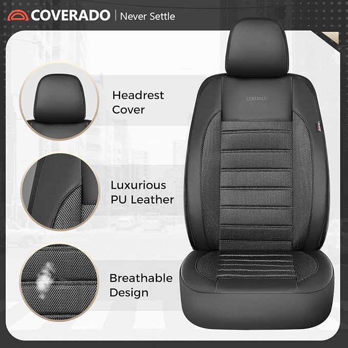 Coverado Car Seat Covers Full Set, Luxury Leather Car Seat Covers, Automotive Front and Rear Mesh Seat Covers, Full Set 5 Seats, Black Seat Covers for SUV Sedan Truck
