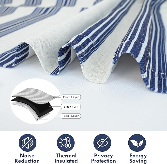 DriftAway Chris Double Layer Linen Blackout Tie Up Curtains Thermal Insulated Fully Lined Vertical Striped Balloon Roman Shade Bathroom Window Adjustable Rod Pocket 45 Inch by 63 Inch Ivory Dark Blue