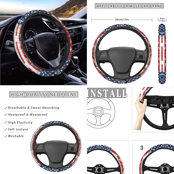 Highland Cow Auto Seat Covers Full Set with Steering Wheel Cover Shoulder Pads, American Flag Bucket Car Seat Covers Car Accessories Universal Fit for Most Cars