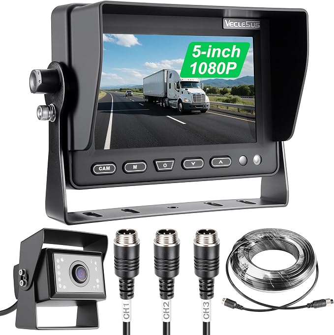 Backup camere System for Truck,VECLESUS V5M 5” 1080P Backup Camera System, 3-Channel Video Input with Reversing Delay & Night Vision, Waterproof Rear View Kit for Trucks/Buses/Vans