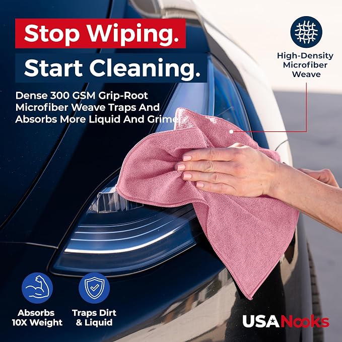USANOOKS Microfiber Cleaning Cloth Light Pink - 50 Pcs 12.5"x12.5" - High Performance - 1200 Washes, Ultra Absorbent Towels Weave Grime & Liquid for Streak-Free Mirror Shine - Car Washing Cloth
