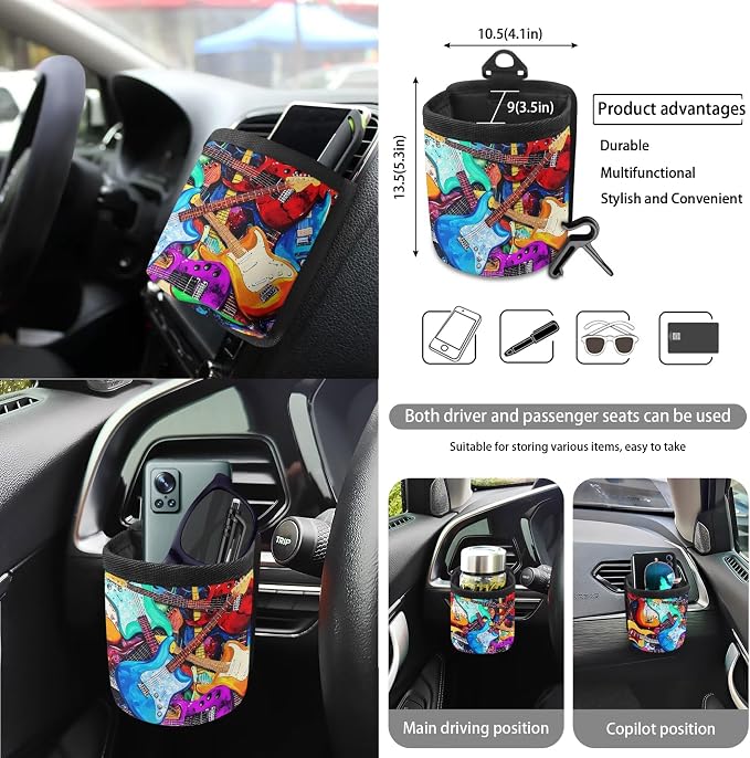 Colorful Guitar Print 15 PCS Car Front Back Seat Covers Full Set, Steering Wheel Cover Seatbelt Strap Pad Trash Cans Rear View Mirror Cover Air Vent Storage Bag Cup Coasters Keychain