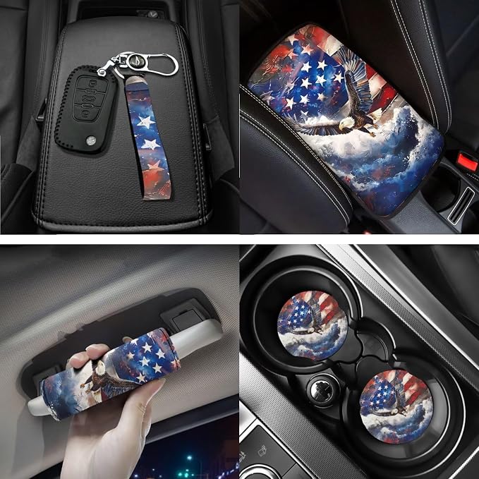 18pcs Car Accessories Set Car Seat Covers Steering Wheel Cover Auto Floor Mats Armrest Pad Covers Seat Belt Pads Roof Handle Wraps Cup Coaster Keychain (Eagle American Flag Design)