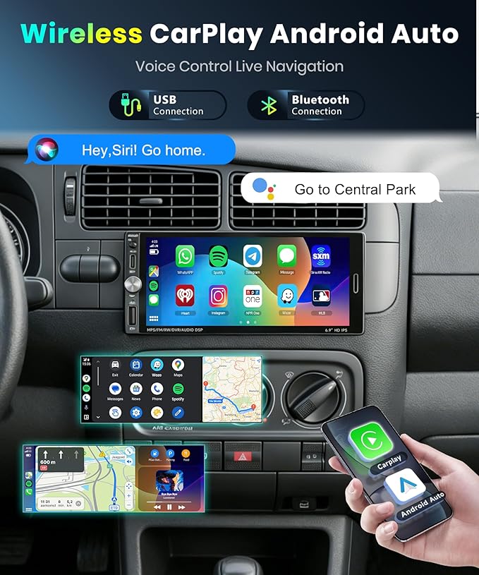 Single Din Car Stereo with Wireless Carplay Android Auto-2025 Upgraded Bluetooth 5.2 Type-C Dual Mic 6.9 Inch IPS Touch Screen Car Radio with Backup Camera Mirror Link FM USB EQ SWC