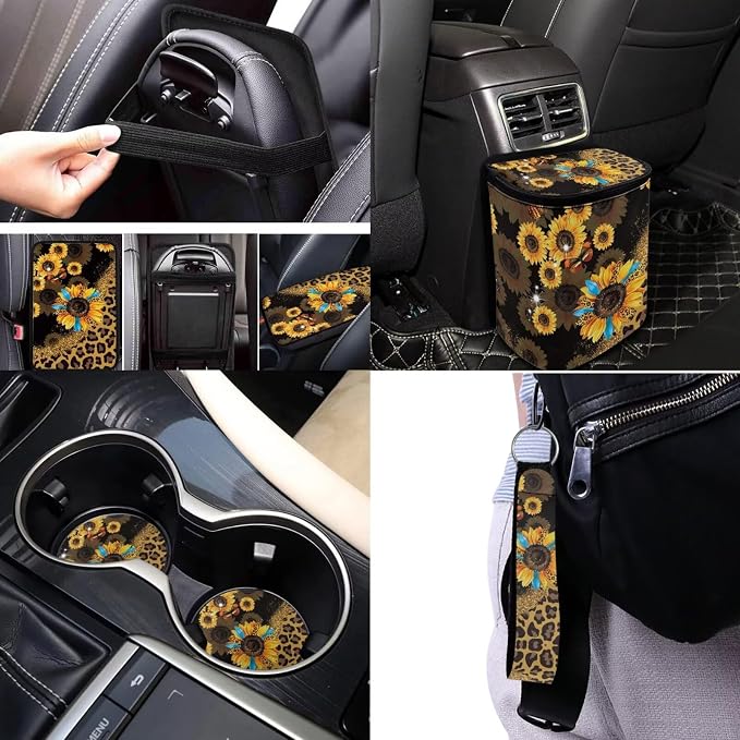 17 Pack Leopard Print Car Seat Covers Full Set for Front and Rear,Sunflower Car Accessories Sets with Women Man with Mirror Cover,Steering Wheel Cover,Auto Trash Can with Lid,Universal Fit