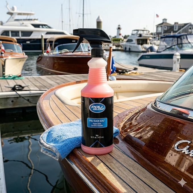 Poli Glow Poli Slick Seal Ceramic Spray Detailer – 16 oz | Silica Polymer Sealant for Boats, RVs & Cars | High-Gloss, Hydrophobic, UV Protection, Last 6+ Months, No Buffing Needed | Made in USA