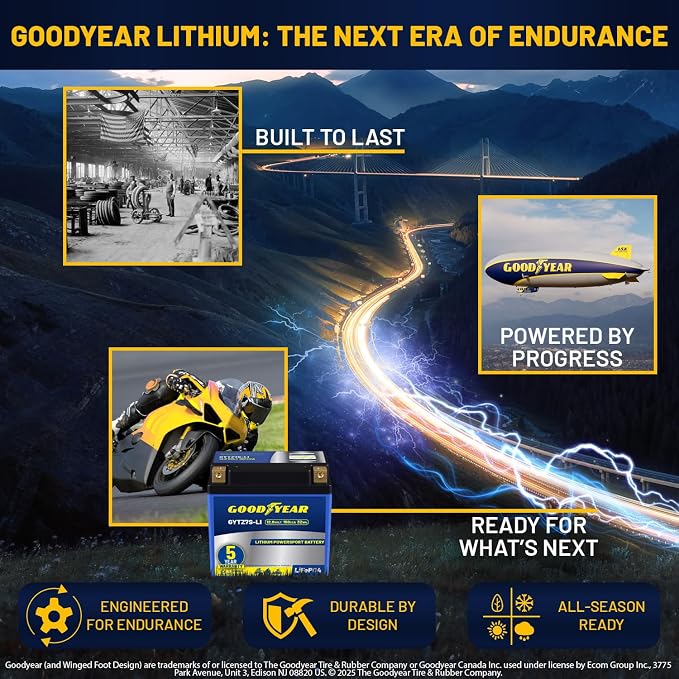 Goodyear GYTZ7S-LI Lithium LiFePO4 12.8V 150CCA Rechargeable High Performance Powersport Battery with Smart BMS Replacement for Motorcycle, ATV, UTV, Scooter, Watercraft, Jet Ski, and Snowmobile