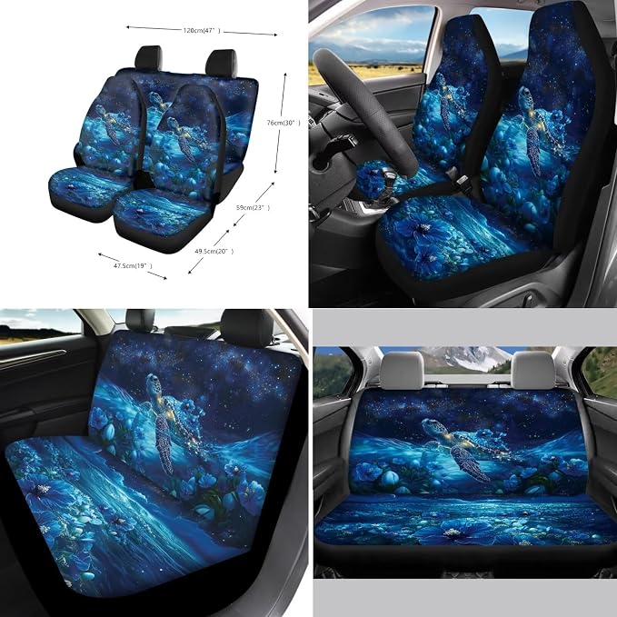 Suobstales Galaxy Turtle Flower Print Car Accessories with Car Front Rear Split Seat Covers, Seat Belt Pads + Steering Wheel Cover + Coaster + Keyrings for Women Set of 11-Pcs