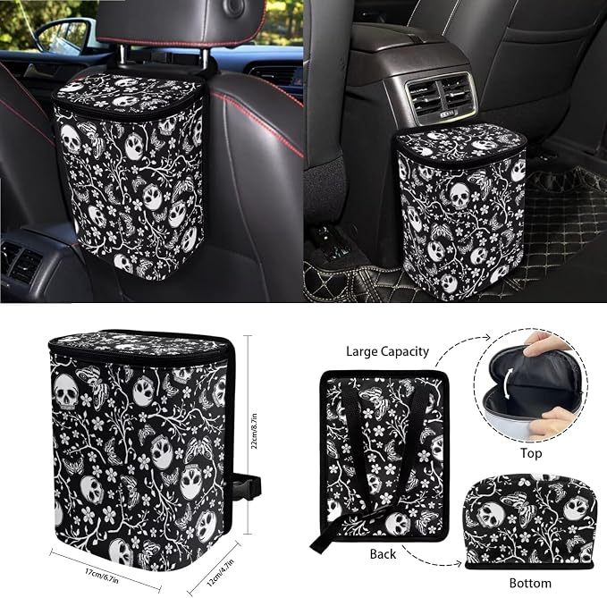 Wanyint Skull Butterfly Floral 15 PCS Car Seat Covers Set for Men Women, Seat Protector with Steering Wheel Cover Seat Belt Pads Trash Bin Sunglass Pocket Rear View Mirror Protector Coasters Key Chain