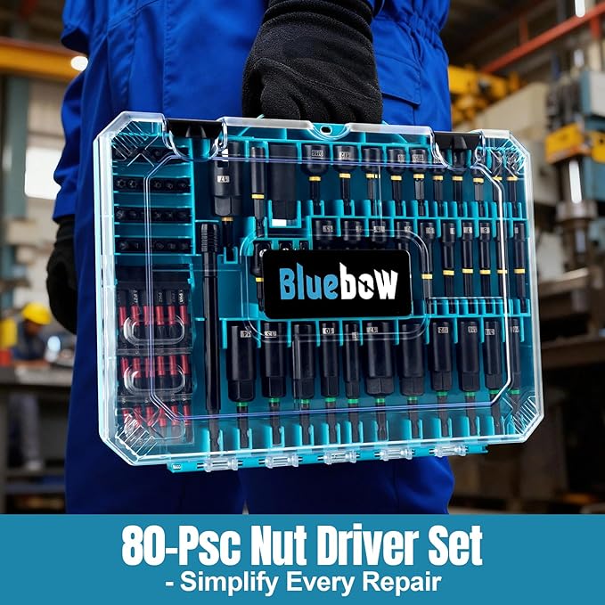 80PSC Magnetic Impact Nut Driver Set - Metric & SAE with Socket Adapters, Wing Nut Driver, Bit Holder, Universal Sockets, Quick Release Extension, Power Bits, 1/4'' Quick Change, Storage Box