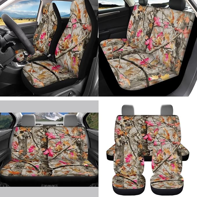 Camo Maple Leaf Car Seat Covers Set of 15 with Universal Steering Wheel Cover, Rearview Mirror Cover, Car Trash Can, Seatbelt Pads, Cup Holder Coasters, Keychains