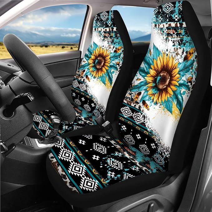 Navajo Sunflower Car Seat Covers Full Sets of 18 Pcs Sunflower Print Car Interior Accessories Sets with Anti Slip Car Seat Belt Pads Cover Leakproof Auto Trash Can Steering Wheel Cover