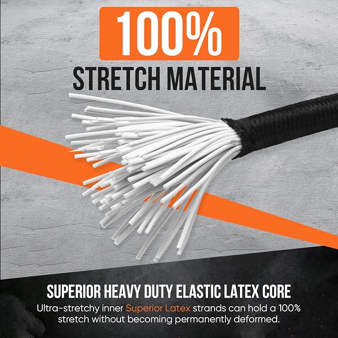 Marine Grade Heavy Duty Bungee Cord Roll with 12 Hooks 12 Bungee Balls- Black Elastic Shock Cord for Kayak Deck, Outdoor Camping, Tarp Tie Downs, Bike Rack, DIY Assorted Bungee Ropes (3/16" x 100ft)