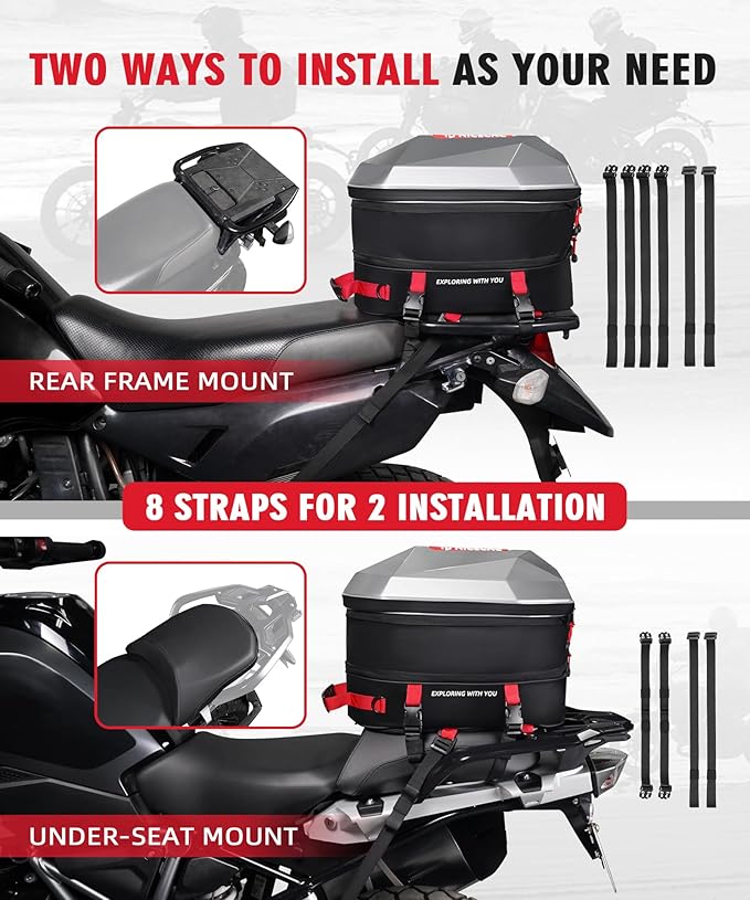NICECNC Motorcycle ATV Helmet Backpack Hardshell, 38L Large Capacity Motorcycle ATV Rear Seat bag Tail Bag Expandable Helmet Storage Bag Travel Luggage Bag for Riding Camping Hiking, 8 Straps, Red