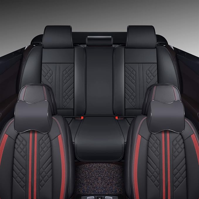 GXT Deluxe Faux Leather Full Coverage Car Seat Cover Anti-Slip Universal Fits for Sedans SUV Pick-up Truck with Headrests,Interior Accessories(Black with Red Strip)