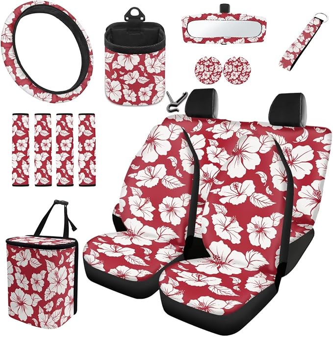 Dreaweet Car Seat Covers Full Set for Women Red Hibiscus Flowers Car Accessories Seat Cover with Steering Wheel Cover Seat Belt Pad Coasters Garbage Bag Air Vent Pouch Rear View Mirror Cover Keychain