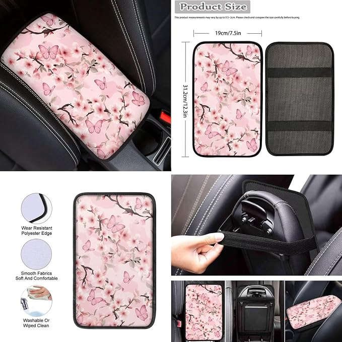 Pink Cherry Blossom Butterfly Car Seat Covers for Women Lady，12 Pcs Flower Car Steering Wheel Cover Shoulder Seatbelt Pad Armrest Cushion Keychain Car Coaster Universal Fit Most Vehicle