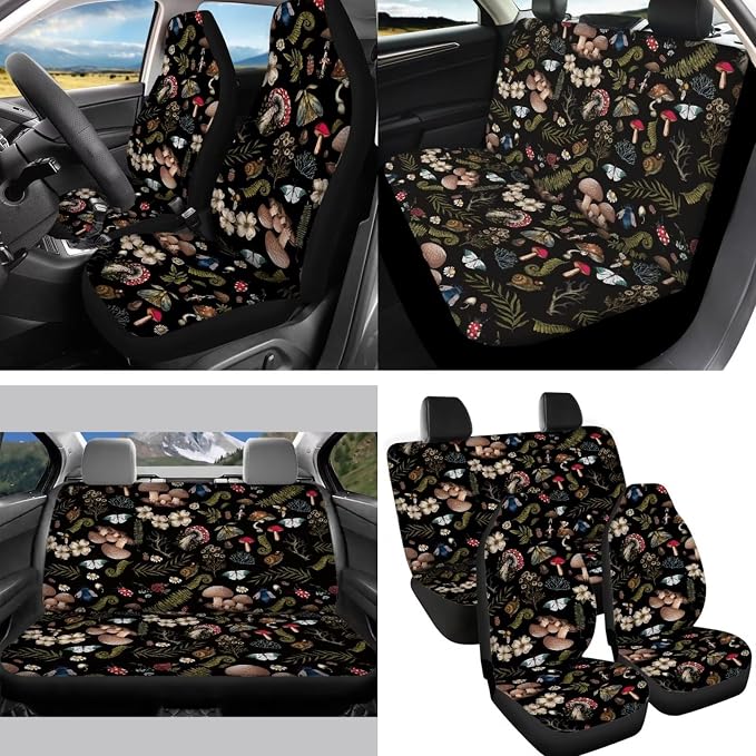 Cottagecore Mushrooms Seat Covers for Car,Wild Mushrooms Auto Interior Set of 14,Elastic Auto Steering Wheel Cover+Non Slip Coaster+Gear Shift Knob & Handbreak Cushion for Most Vehicle Truck