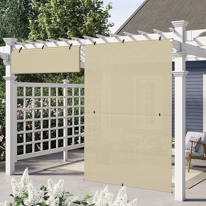 E&K Sunrise 4'W x 13.5'H Outdoor Roller Shades Patio Cordless Roll Up Blinds Foldable Sun Shade UV Block Exterior Sun Screen for Outside Porch Backyard Deck Pergola (Beige)
