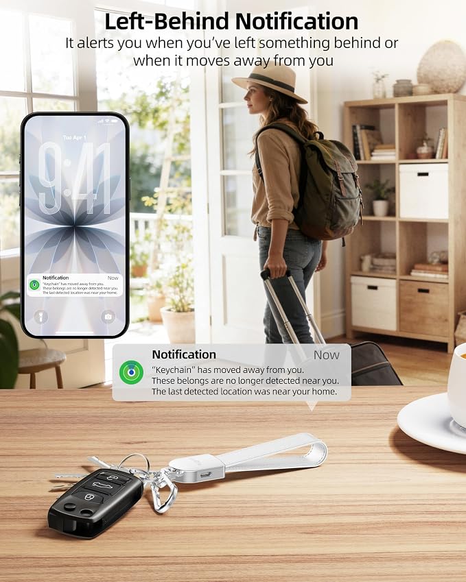 ExtreLife Keychain, Works with Apple Find My, Leather Car Keychain for Women and Men, Car Key Fob Holder, Key Chain with GPS Tracker, Anti-Lost Smart Keys Finder, Rechargeable, White