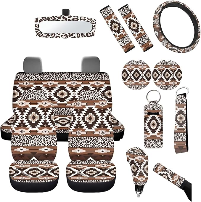 Leopard Tribal Aztec Seat Covers Front Back Seats Full Set Car Protection Accessory,Comfy Elastic Front Rear Bench Seat Covers for Most Vehicle,Steering Wheel Cover,Keys,Coaster,Mirror Covers