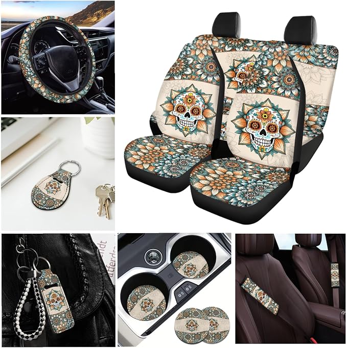 INSTANTARTS Dahlia Skull Car Seat Cover Set - 13 Pieces, Including Belt, Key Fob, Lipstick, Steering Wheel, and Coaster Covers