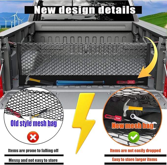 Envelope Style Cargo Net Compatible with 2013-2025 2026 Chevy Silverado & GMC Sierra 1500/2500HD/3500HD Accessories Highly Elastic Truck Bed Cargo Net with Storage Bag- Upgraded 5mm Bungee