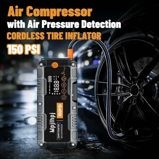 Jump Starter with Air Compressor, 4000A Portable Car Battery Jump Starter (10L Gas/8L Diesel), 12V Jump Pack with 150PSI Auto-Shutoff Tire Inflator, LED Light, Gloves & Car Emergency Kit