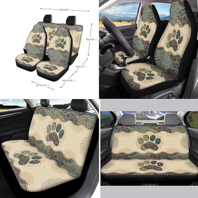 Suobstales Boho Mandala Dog Paw Print Car Accessories for Women Men Car Seat Covers Full Set Interior Cover Seat Protectors with Steering Wheel Cover, Seat Belt Pads, Coaster, Keychains