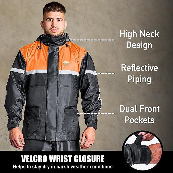 Waterproof Motorcycle Rain Suit, 2-Piece Reflective Gear, Lightweight Riding Jacket & Pants, Protective Raincoat with Hoodie