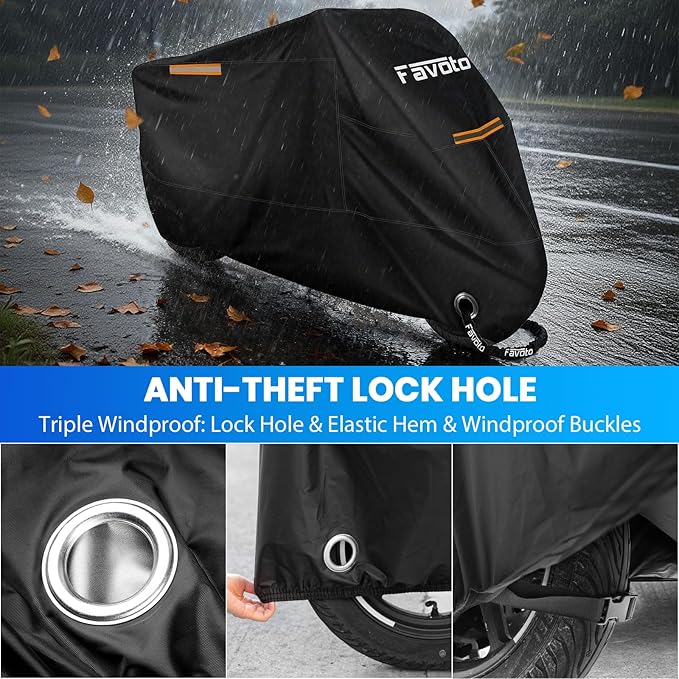 Favoto Motorcycle Cover Waterproof Outdoor All Season Weather Sun Rain Protection Night Reflective with Lock-Holes & Storage Bag Fits up to 96.5" Motorcycles Powersports Vehicle Cover