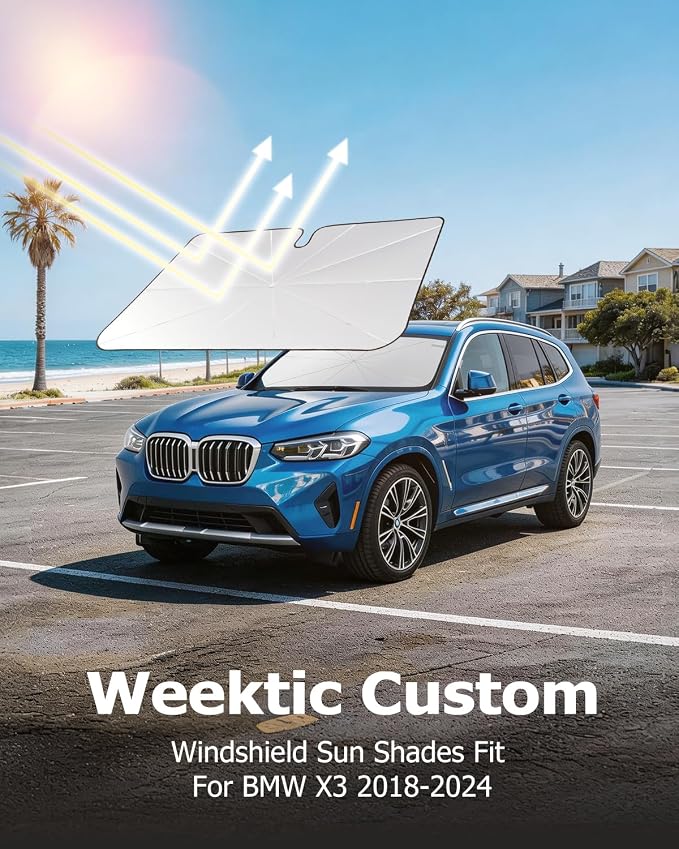 [2026 Upgraded] Weektic Custom Windshield Sun Shade Umbrella for BMW X3 2018-2024, [Double Thickened Ice Crystal Coating] Sun & Heat Protection, Keep Vehicle Cool & Protect Interior