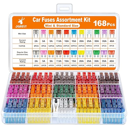 Car Fuses 168 Pcs, JOREST Assortment Kit, 114 Mini Blade Fuses Automotive + 54 Standard Auto Fuses + 1 Fuse Pullers – for Car/RV/Truck/Motorcycle/Boat (2Amp 3A 5A 7.5A 10A 15A 20A 25A 30A 35A 40A)