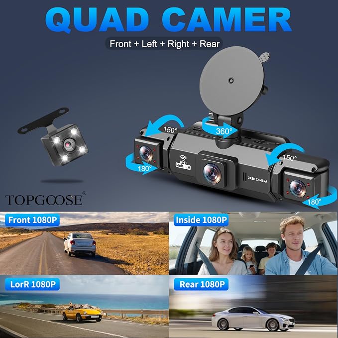 4 Channel Dash Cam 360° View, TOPGOOSE 2K FHD Front and Rear Inside, Left Right Dash Camera for Cars, 5G WiFi & APP Control, with 64GB SD Card, G-Sensor, 8 IR Lamps Night Vision (3.17 inches)