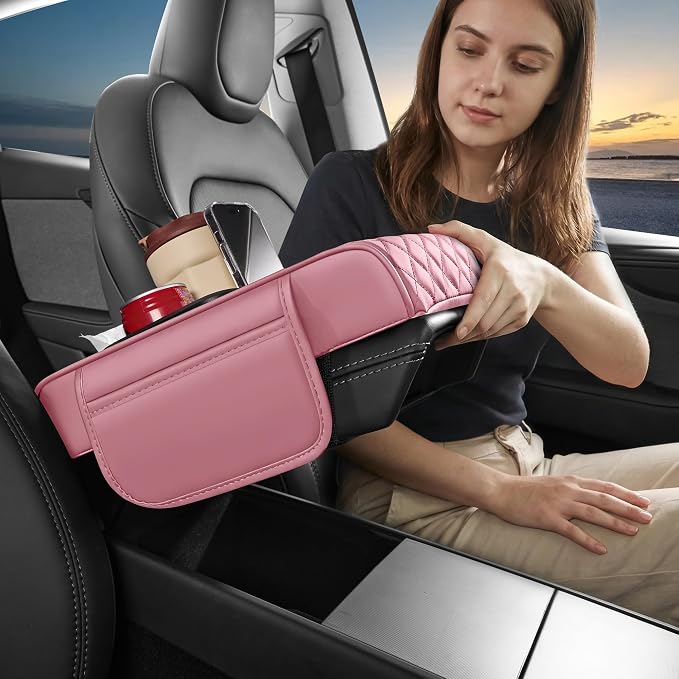 5 in 1 Nappa Leather Console Armrest Cover, Pink | Built-in cup holder, tissue slot, phone holder & 2 storage pockets, practical car accessories fit SUV sedan truck
