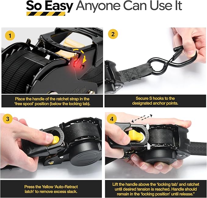 AUGO Retractable Ratchet Straps | 2 Heavy Duty Ratchet Straps Self Retractable Tie Downs with Soft Loops & Storage Bag for Motorcycle, Truck, Trailer, Cargo Van | 1200 Lb Break Strength 1” x 10’