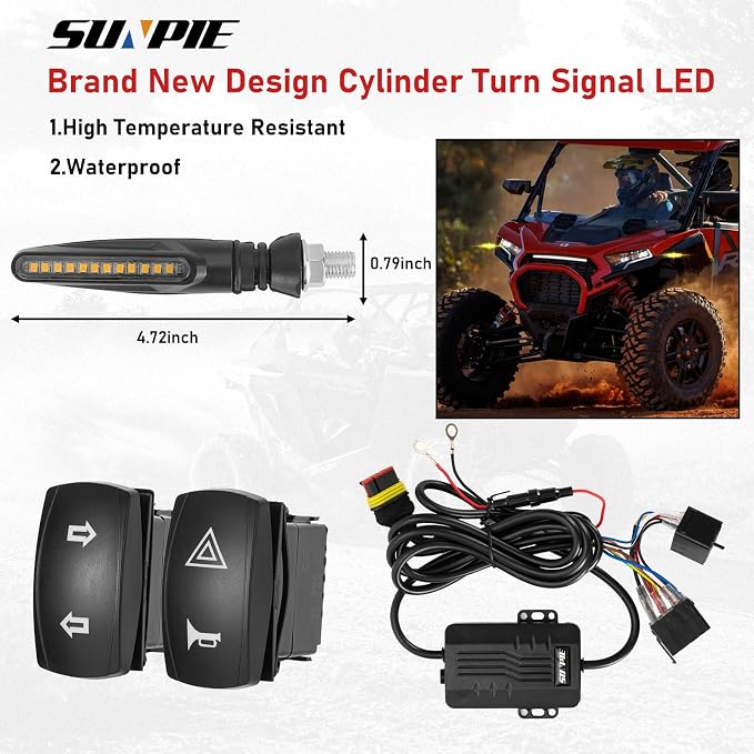 SUNPIE UTV Turn Signal Kit with Horn, Bright Amber UTV Blinker with Two Rocker Switch ATV Street Legal Kit for Polaris, Teryx, CFMOTO and Can-am, Kawasaki Pioneer, Plug and Play