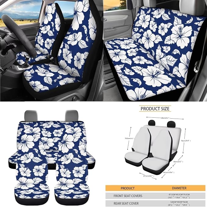 Dreaweet Car Seat Covers Full Set for Women Blue Hibiscus Flowers Car Accessories Universal Steering Wheel Cover Seat Belt Pads Trash Bin Rearview Mirror Cover Cup Holders Keychain Air Vent Holder