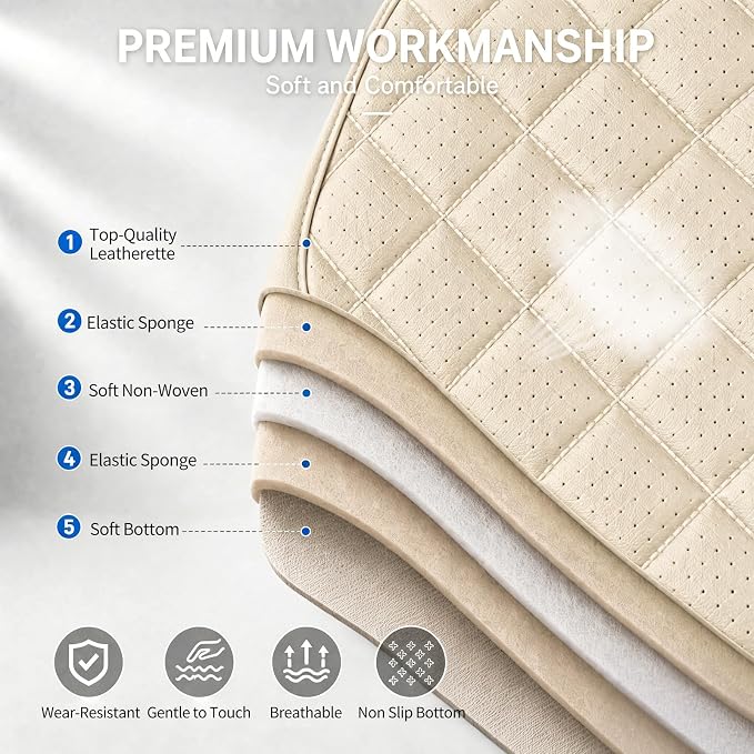 Fit Escape Car Seat Covers for Ford Escape 2001-2025 2026 - Luxury Leather, Anti-Slip, All-Weather Seat Cushions, Waterproof & Breathable, Airbag Compatible, Full 5-Seat Set (Beige)